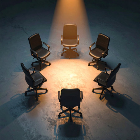 In a stark, dark room, a circle of empty office chairs awaits a crucial meeting.の素材