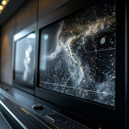 In a dimly lit command center, advanced monitors glow with complex astronomical data, charting the mysteries of a distant nebula.の素材