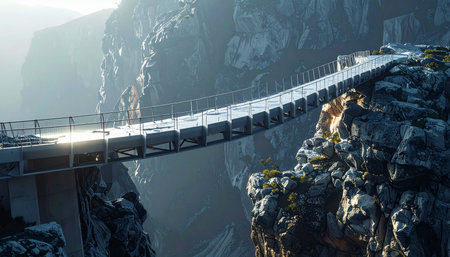 Sunlight glints off a modern marvel of engineering, a sleek bridge suspended high above a misty, ancient chasm.の素材