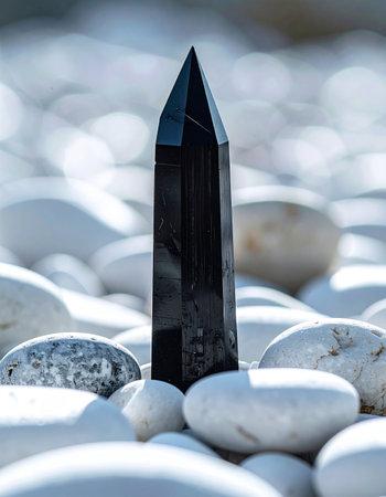 Harnessing grounding energy, a polished black crystal point stands tall among serene white pebbles.の素材
