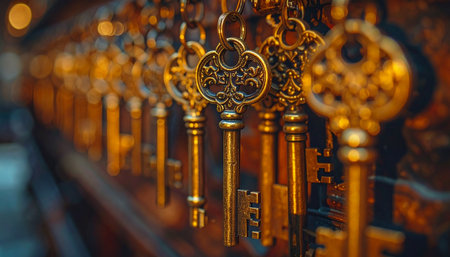 A row of ornate, antique keys glows in warm, magical light.の素材
