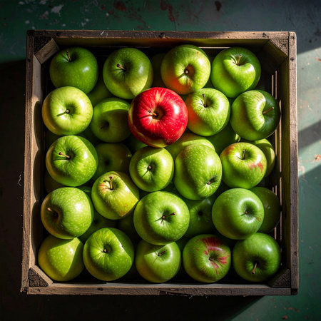 In a rustic wooden crate filled with uniform green apples, one vibrant red apple stands out, catching the morning light.の素材