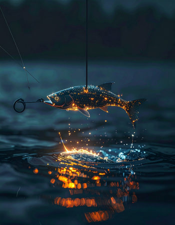 A luminous fishing lure, glowing with a warm, magical light, hovers over the dark, tranquil water at dusk.の素材