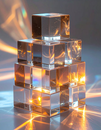 A precise stack of transparent crystal cubes captures and refracts beams of golden and blue light, creating a dynamic and futuristic abstract composition.の素材