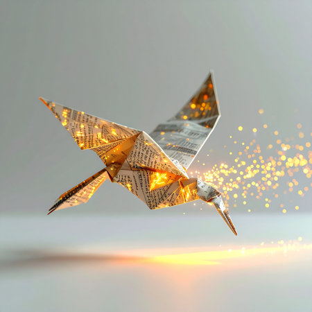 A delicate origami hummingbird, crafted from the pages of a newspaper, takes flight, glowing with an inner light.の素材