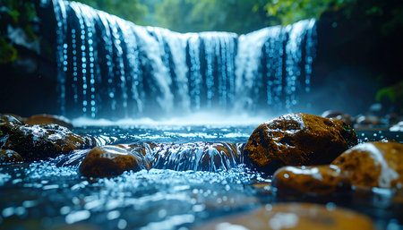 A serene, low-angle view captures the refreshing energy of a forest stream as water flows over smooth river rocks.の素材