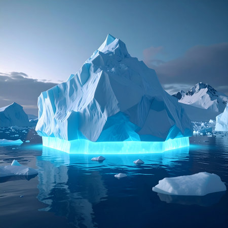 A majestic iceberg drifts silently through dark, polar waters, its base illuminated by a mysterious, otherworldly blue light.の素材