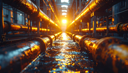 A brilliant light source illuminates a vast network of industrial pipelines, reflecting off the wet floor of a long corridor.の素材