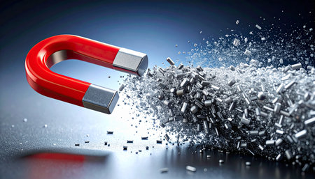 A powerful red horseshoe magnet demonstrates the invisible force of attraction, pulling a dynamic cloud of metal particles towards its poles.の素材