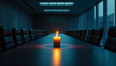 In the deep silence of a powerless high-rise, a single candle flickers on a long boardroom table.の素材