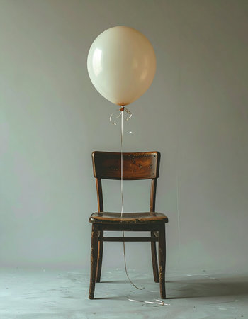 A single white balloon, filled with silent hope, is tethered to an old wooden chair in an empty room.の素材