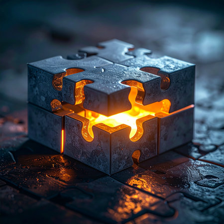 A solid stone puzzle cube rests on a dark, wet surface, its interlocking pieces fitting together perfectly. From its core, a powerful, molten energy glows, seeping through the seams.の素材