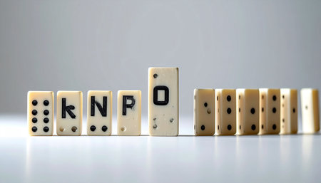 A line of dominoes spells out the acronym KNPO, with the 'O' piece standing tall, ready to initiate a chain reaction.の素材