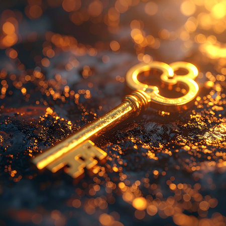 A single, ornate golden key rests upon a bed of glowing embers, its metallic surface catching the warm, magical light.の素材