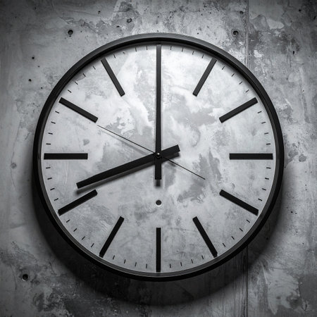 A stark, minimalist clock hangs against a rough concrete wall, its hands marking the relentless passage of time.の素材