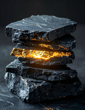 A stack of raw, dark stones reveals a hidden core of immense power and value.の素材