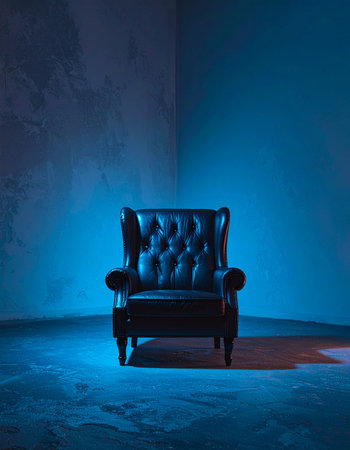 In the quiet stillness of an empty room, a single leather armchair sits under a dramatic blue spotlight.の素材