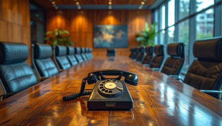 In the quiet of a modern, high-stakes boardroom, a classic rotary phone sits as the centerpiece.の素材