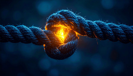 In the darkness, a single rope is bound in a tight, unbreakable knot.の素材