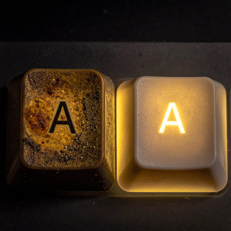 A striking visual contrast between two 'A' keys on a keyboard. One is old, grimy, and worn from years of use, while its counterpart is new, clean, and brightly illuminated.の素材