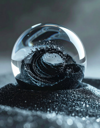 A powerful, dark wave of sparkling glitter is frozen in time, captured within the perfect clarity of a glass sphere.の素材