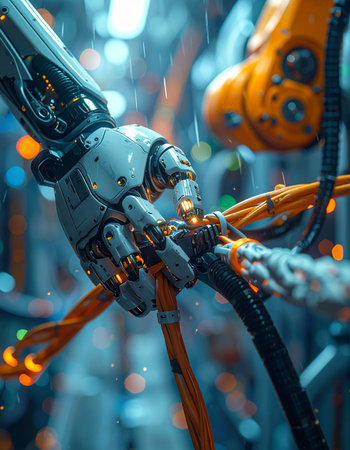 In a blur of neon and data streams, a sophisticated robotic hand performs a critical repair, meticulously connecting vital circuits.の素材