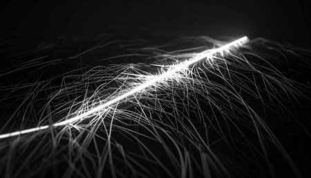 A brilliant stream of light pulses through the darkness, branching out into a complex network of energetic fibers.の素材