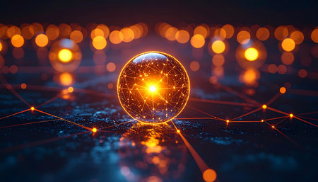 At the center of a vast digital grid, a luminous sphere pulses with intelligent energy.の素材