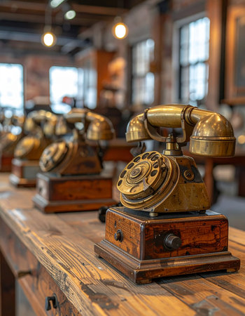 A line of classic brass rotary telephones sits on a rustic wooden table, relics from a bygone era.の素材