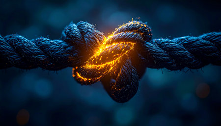 In the deep darkness, a single knot glows with intense, fiery energy.の素材