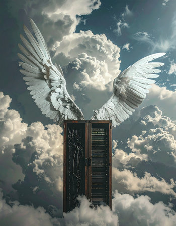 A mysterious door with magnificent angel wings floats serenely amidst a sea of clouds.の素材