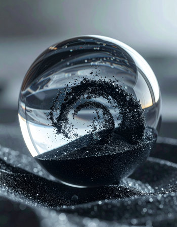 A miniature galaxy of sparkling black glitter swirls within a flawless crystal orb.の素材