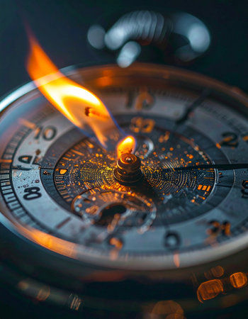 A vintage pocket watch is consumed by a bright flame, symbolizing the intense pressure of a deadline, the fleeting nature of time, and the urgent, irreversible passage of moments.の素材