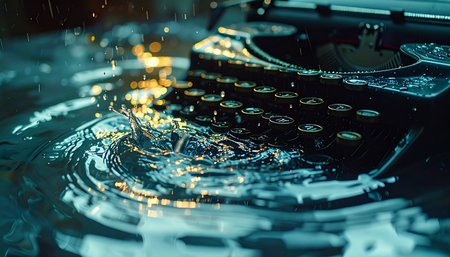 In a dimly lit room, a vintage typewriter sinks into the dark water, ripples spreading from the impact.の素材