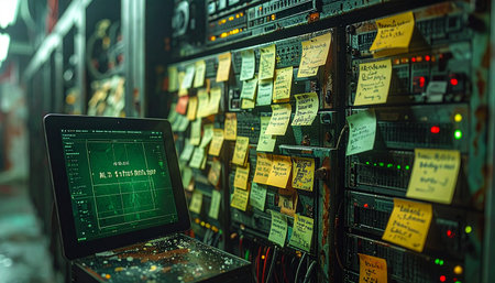 In the humming core of a data center, a lone laptop glows amidst a chaotic tapestry of sticky notes.の素材