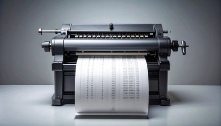An antique adding machine meticulously prints columns of figures, evoking an era of manual calculation and financial precision.の素材