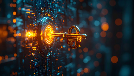 A glowing golden key finds its home in a complex digital lock, symbolizing the moment of breakthrough in cybersecurity.の素材