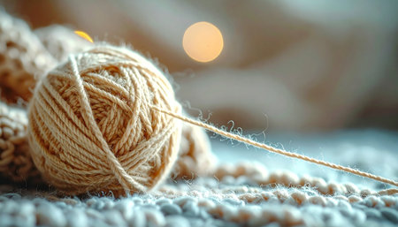 A soft ball of natural yarn rests on a partially finished knitting project, bathed in the warm, gentle glow of a cozy room.の素材