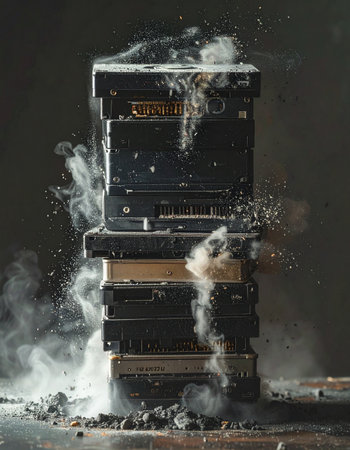 A tower of smoking hard drives signifies a catastrophic system failure or data meltdown.の素材