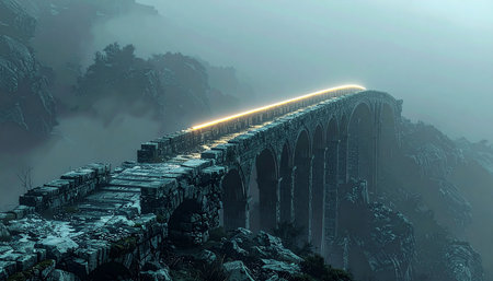 A mystical bridge emerges from the dense fog, its path illuminated by a single, golden line of light.の素材