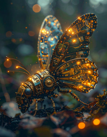 In a twilight forest where technology and nature intertwine, a cybernetic firefly awakens.の素材