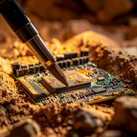 In a scene reminiscent of an archaeological dig, a delicate brush carefully sweeps away layers of dust and earth, revealing a long-lost circuit board.の素材