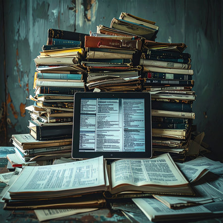 In a forgotten corner, a modern tablet glows, its digital screen a stark contrast to the towering stacks of dusty, analog books.の素材