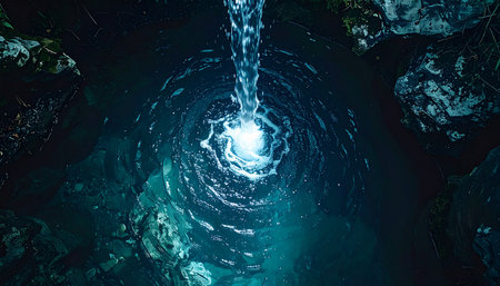 A brilliant stream of celestial light cascades into a hidden subterranean pool, its impact creating mesmerizing ripples that glow with otherworldly energy.の素材
