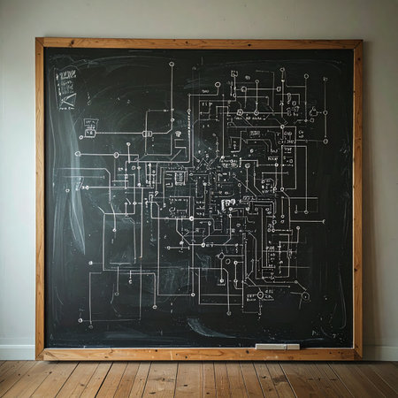A detailed electronic schematic comes to life on a classic chalkboard, mapping out a complex network of connections and components.の素材