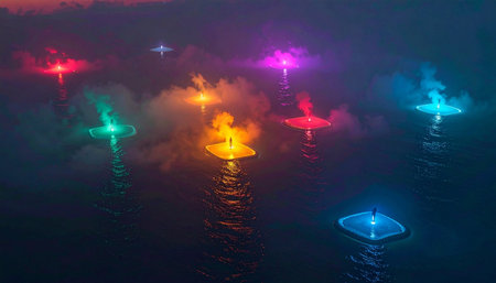 A fleet of mysterious, colorful lights glows intensely, floating on the calm, dark surface of the water.の素材