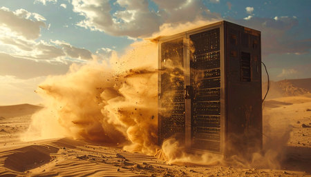 In the vast, unforgiving desert, a lone server rack faces the overwhelming force of nature.の素材