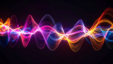 A dynamic visualization of sound and energy, where vibrant waves of neon light pulse and flow across a dark canvas.の素材