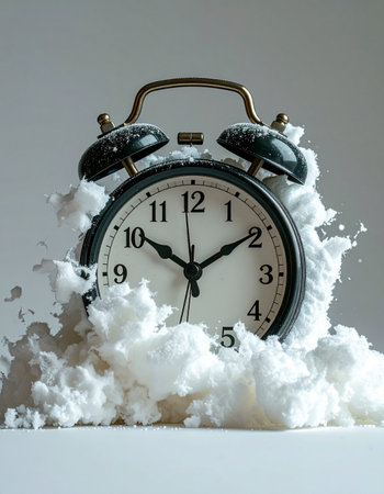 A classic alarm clock emerges from a bed of soft, white clouds, symbolizing a gentle and dreamy awakening.の素材