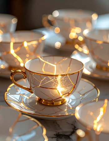 Bathed in warm, soft light, a beautiful marble teacup showcases its history through veins of gleaming gold.の素材